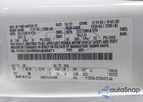 2013 Ford Escape Sel из США, поврежденный, VIN 1FMCU0H96DUB46871